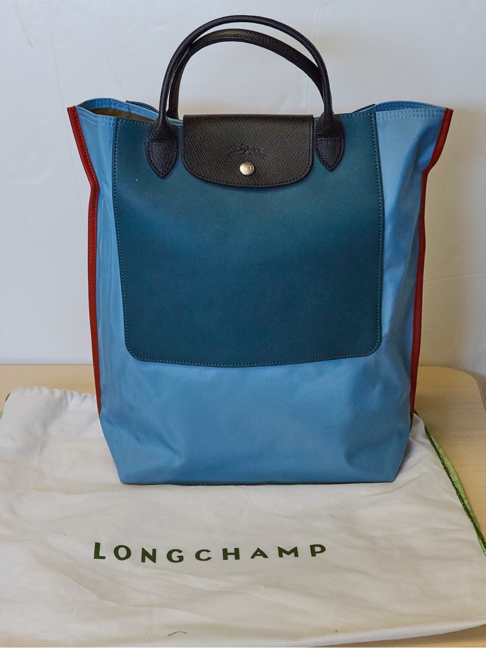 Longchamp Canvas Re-Play Tote blue with navy flap and red trim